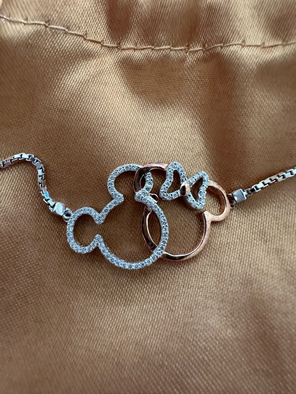 Two-toned Silver/Rose Mickey & Minnie Mouse Head adjustable bracelet with CZ